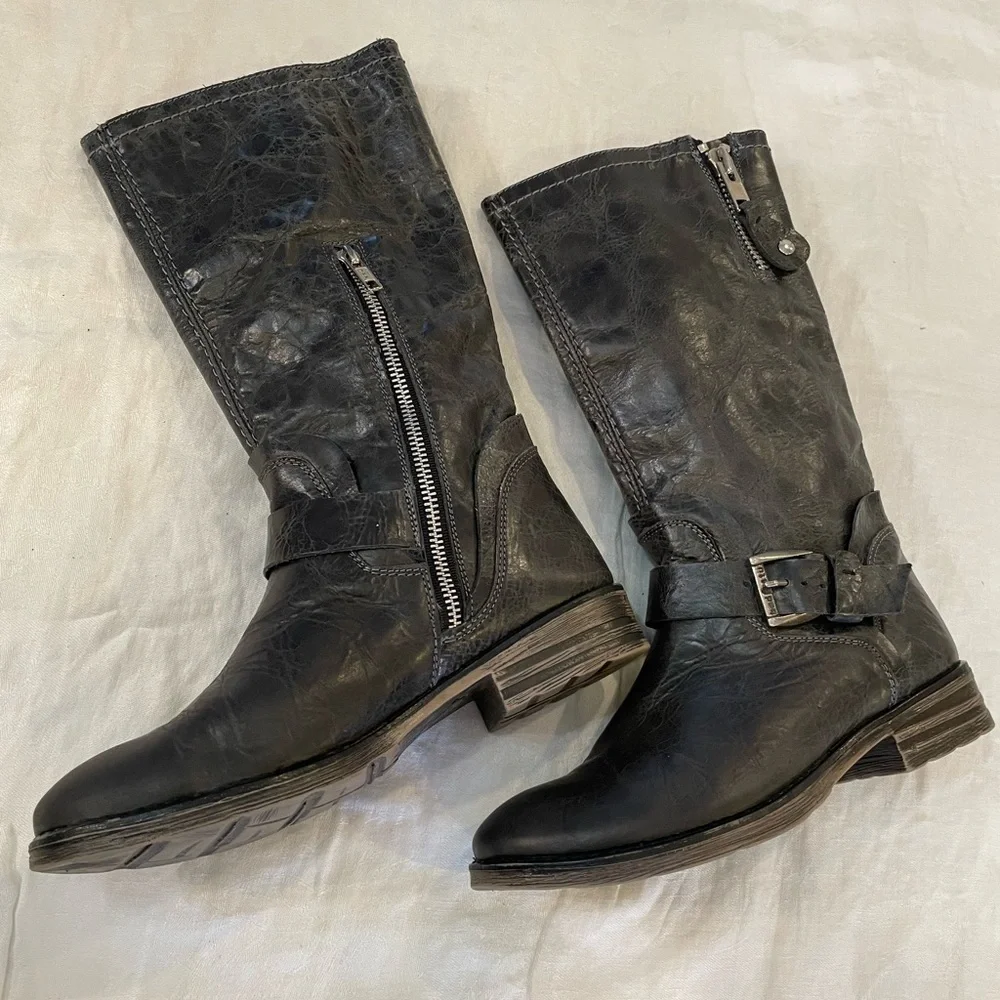 Bed Stu leather mid height tall riding boots round toe distressed side zip - Picture 6 of 12
